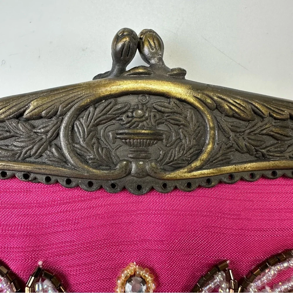 Vintage Pink Beaded Evening Bag Gold Frame Chain Strap Art Deco Glam - Picture 5 of 8